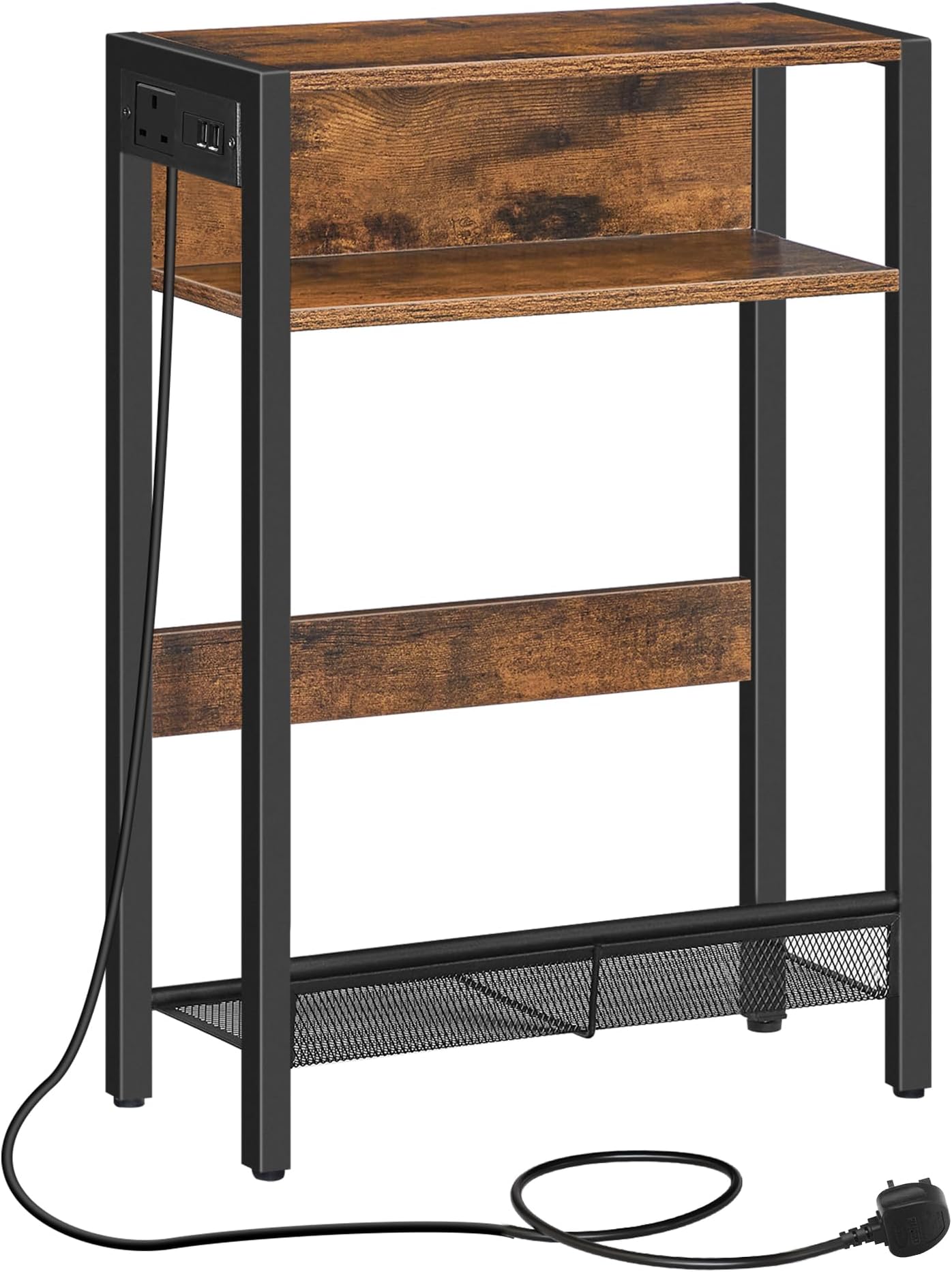 Side Table with Charging Station, Narrow End Table, Slim Nightstand for Small Space, Skinny Beside Table with Storage, for Living Room, Bedroom, Rustic Brown and Black DTBZ05KBF