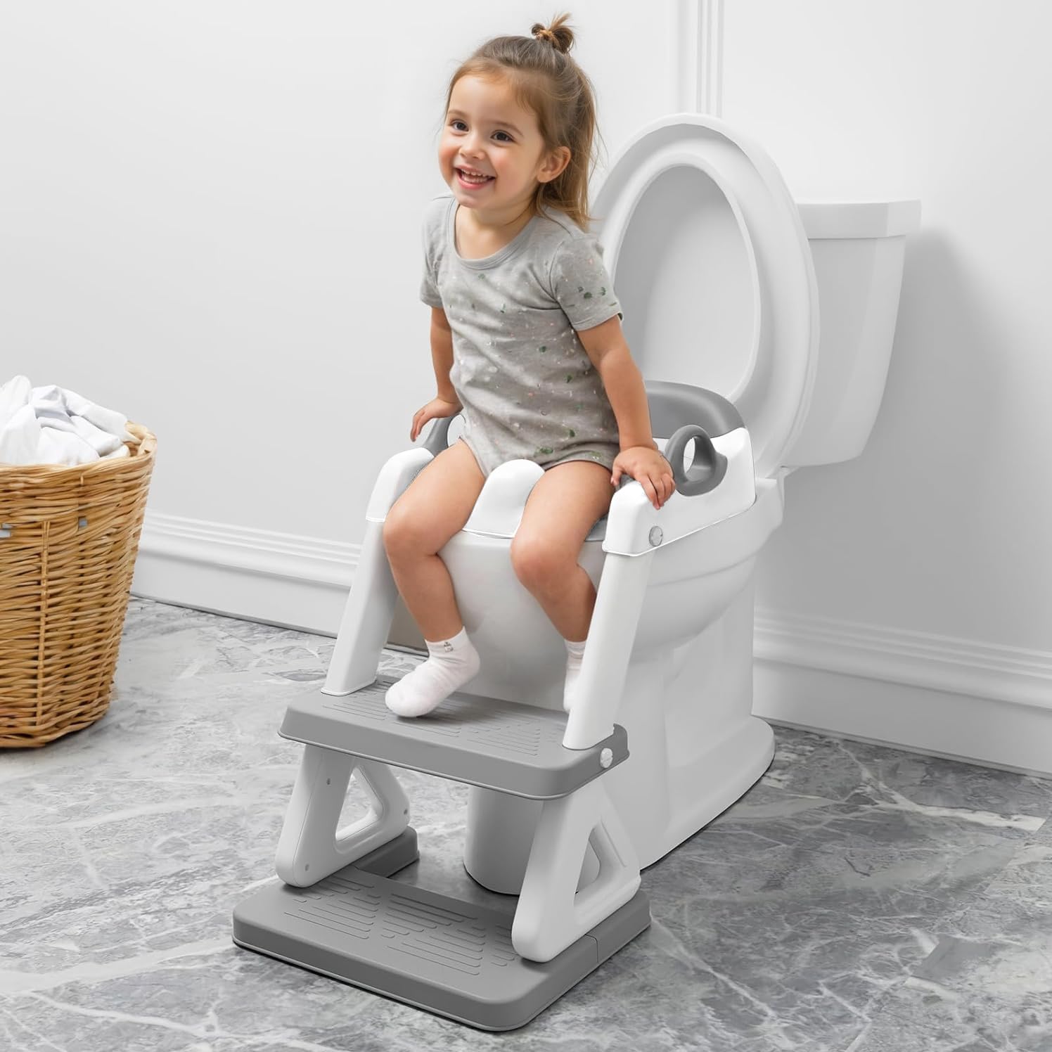 Potty Training Seat with Step Stool Ladder for Kids and Toddler,Wiifo Sturdy Potty Ladder with Soft Padded Cushion for Toddler Boys and Girls(Light Grey) 2025 New Version - Image 2