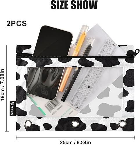 Miniatura 3 de Estuche para lápices con estampado de vaca en blanco y negro para carpeta de 3 anillos, 2 bolsas para lápices con cremallera, estuche transparente
