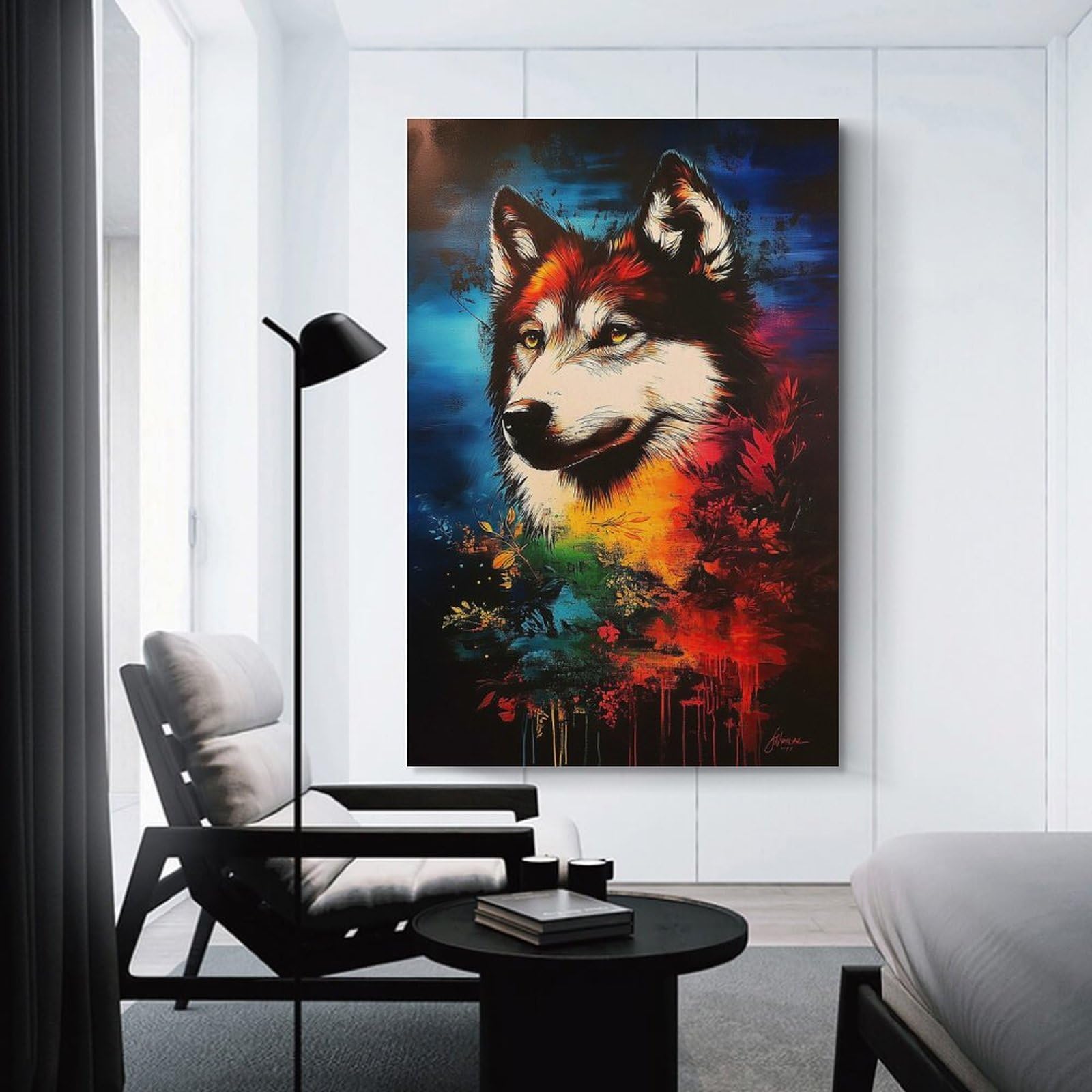 Junmoney Wolf Portrait with Floral Background Wall Art Print 20x30inch(50x75cm), for Living Spaces, Bedrooms Or Relaxed Rooms, A Home Accent with Warm Character