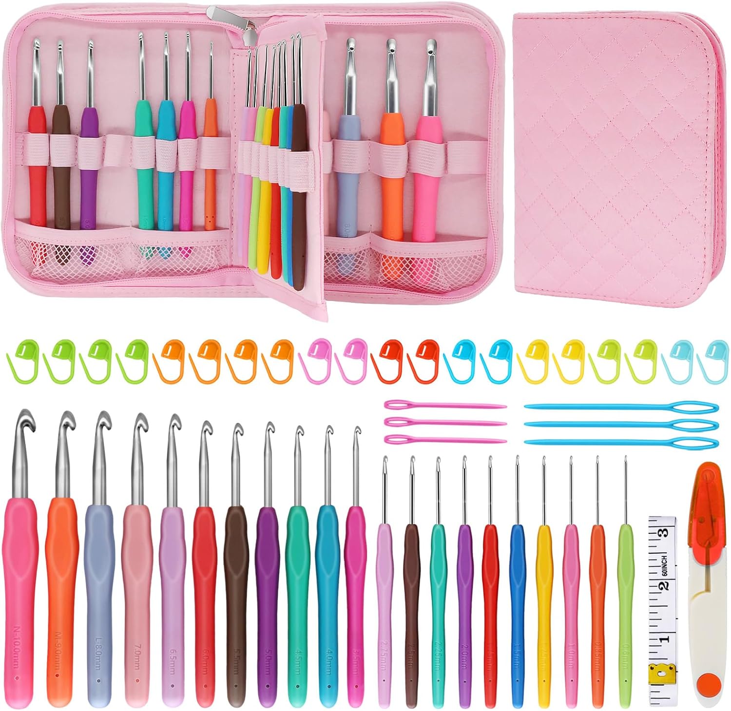 Blingcute 50-piece Ergonomic Crochet Kit (0.6mm-8.0mm), Pain-Free Hooks for Arthritis Hands, Portable Aluminum Needles Set with Pink Travel Organizer, Best Gift for Beginners & Lace Projects