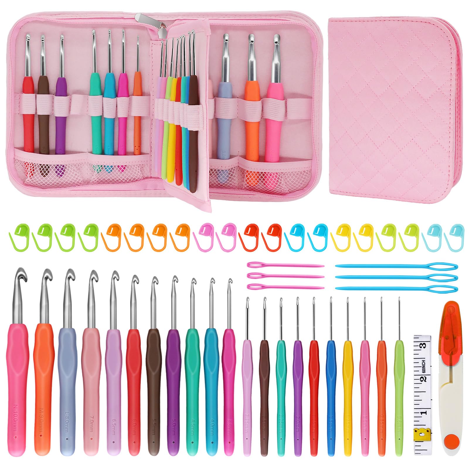 Blingcute Juego de 50 ganchos ergonómicos de ganchillo (0.6 mm-8.0 mm), ganchos de ganchillo para manos artríticas con accesorios de ganchillo, kit de agujas de ganchillo de metal con bolsa rosa para