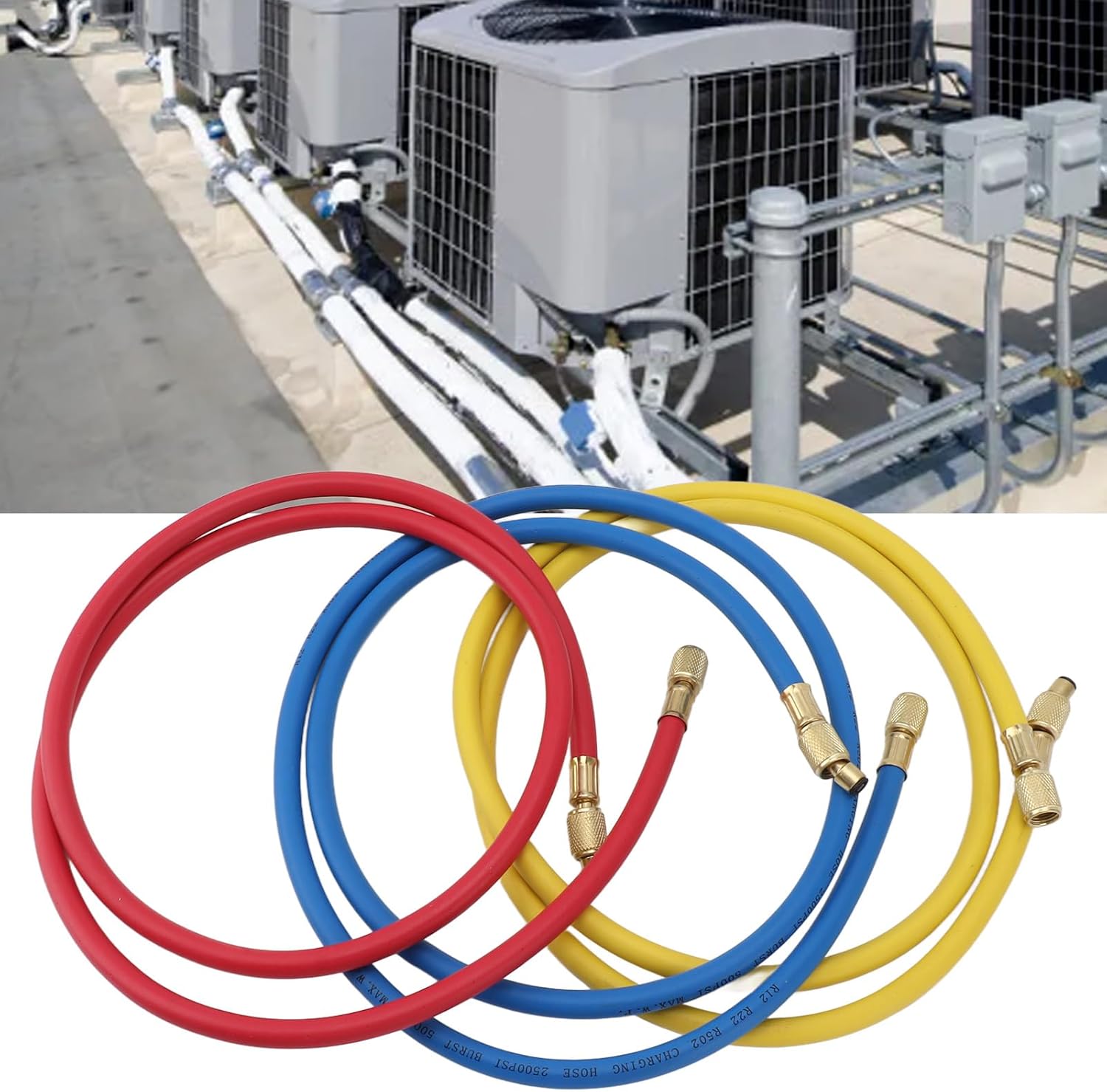 Refrigerant Charging Hose Set 1/4in Fits for R12 R22 R502, 3pcs 90cm High Performance Hoses for Various Refrigerant Charging Applications