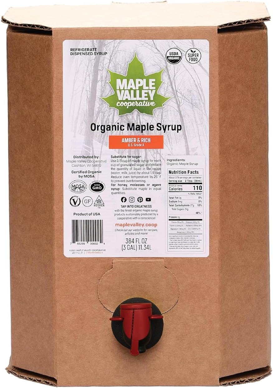 Maple Valley Organic Pure Maple Syrup, Amber & Light Better Than Pancake Syrup, Use for Coffee or All-Natural Sugar Substitute in Cooking and Baking (3 Gallon Bag in Box)