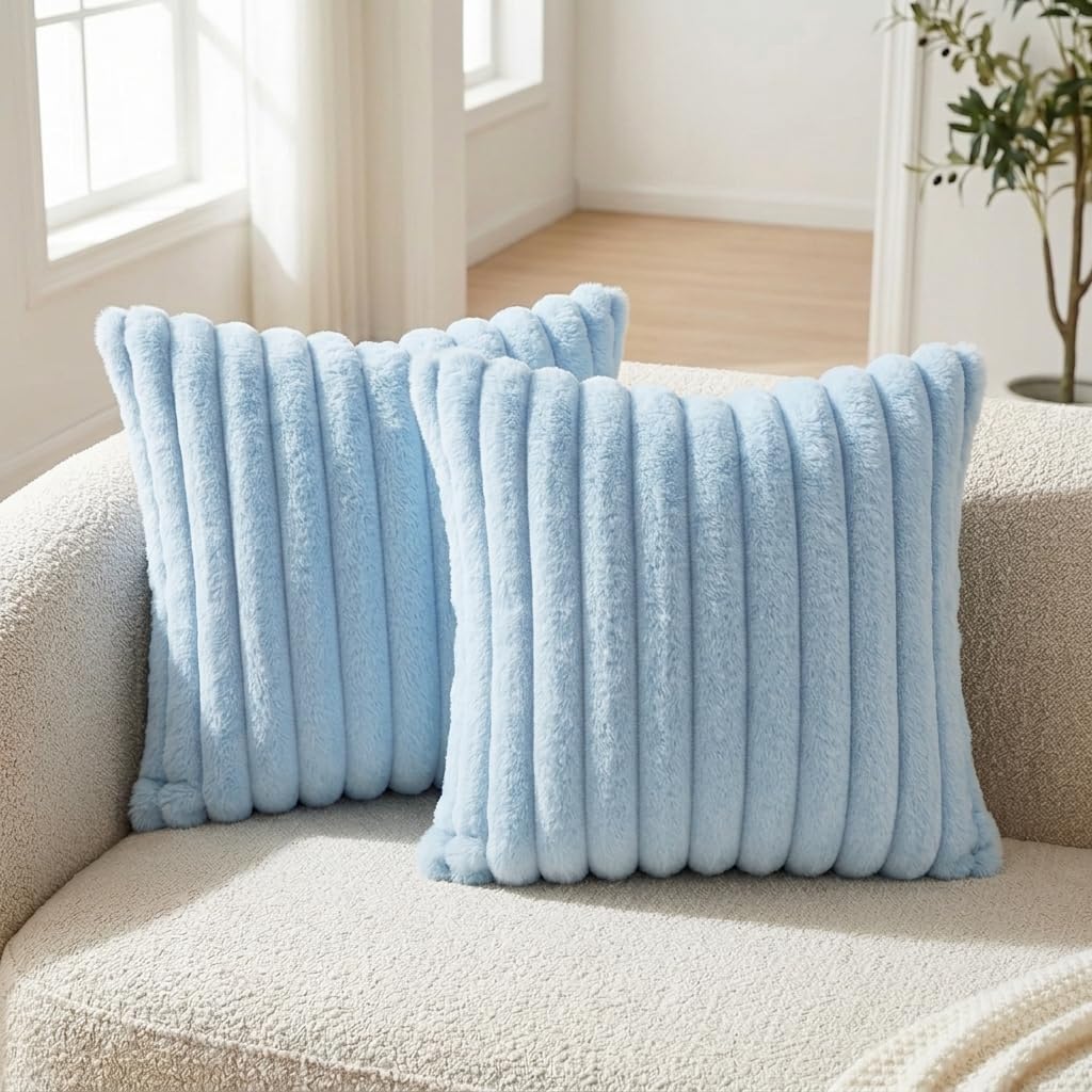 Neelvin Pack of 2 Faux Fur Decorative Throw Pillow Covers 24x24inch 60x60cm Blue Cozy Soft Fluffy Striped Velvet Pillowcase Cushion Covers for Sofa Bedroom Home Decor