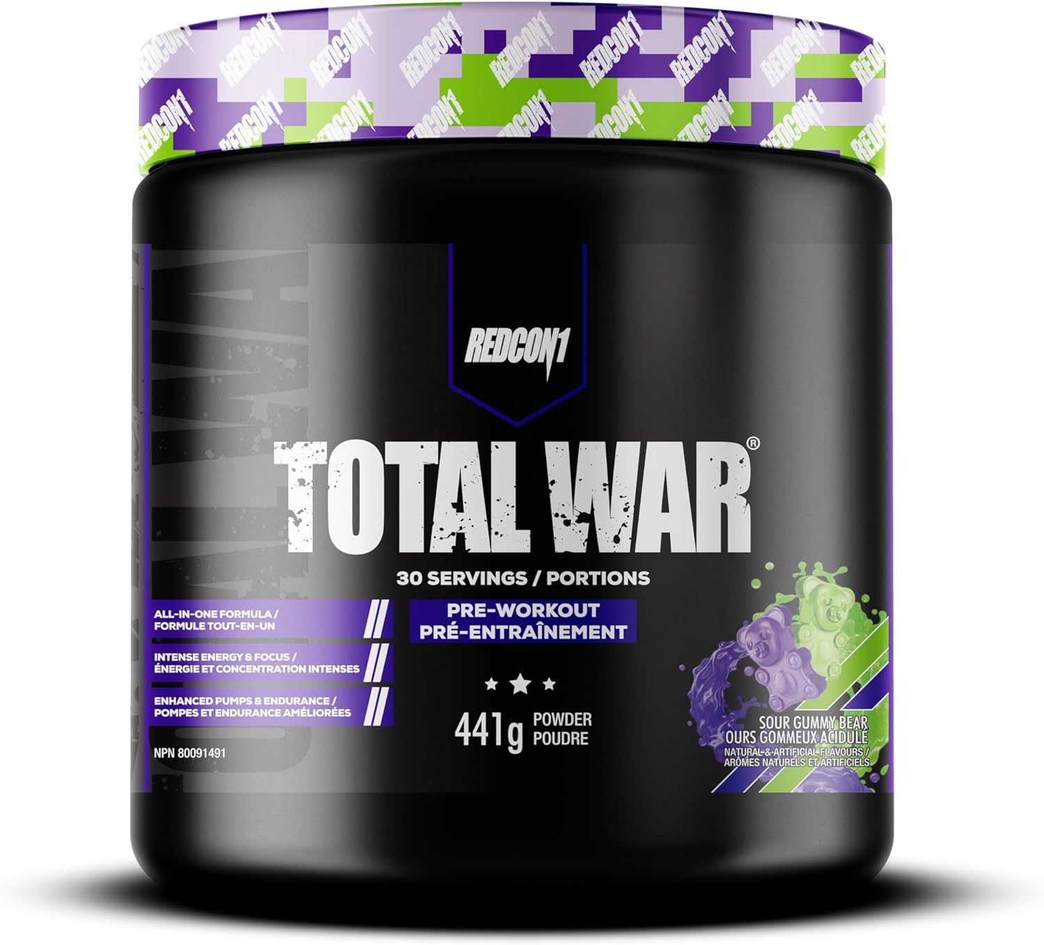 REDCON1 Total War Pre Workout Powder, Sour Gummy Bear - Beta Alanine + Citrulline Malate Vegan & Keto Friendly Preworkout for Men & Women with 250mg of Caffeine - Fast Acting HMB (30 Servings)