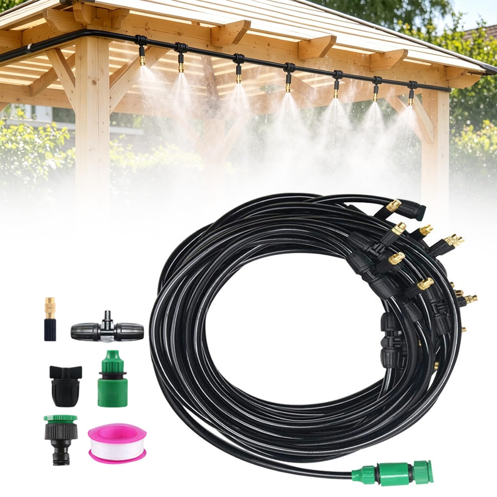 Sprühnebel Kühlung Gartennebel Kühl Bewässerungsanlage mit verstellbaren Messing Nebeldüsen und Wasserfilter, Außennebelanlage für Terrasse, Rasen, Gewächshaus und Sonnenschirm (20m)