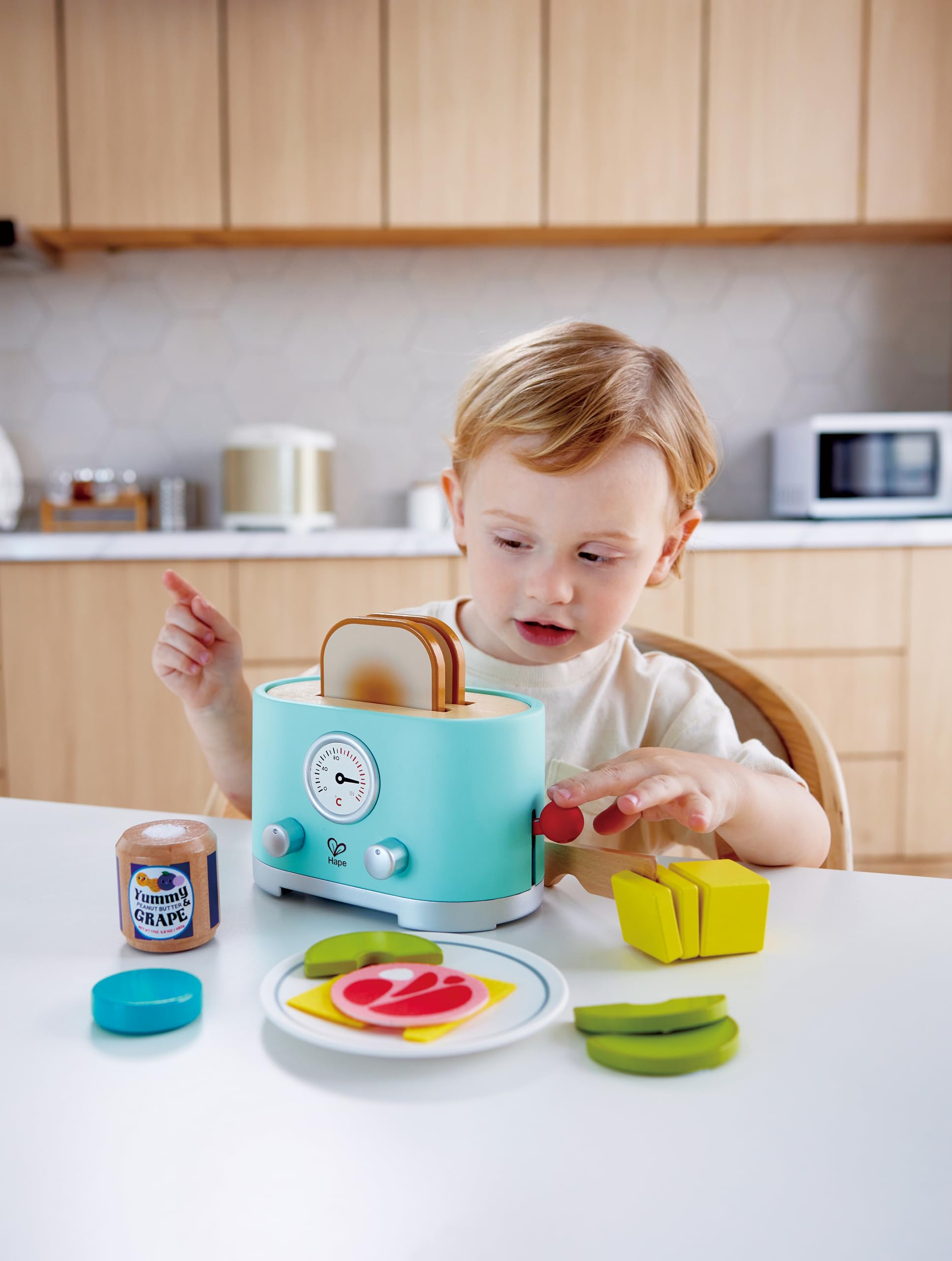 Hape Zestaw tosterów Ding & Pop-up, timer i akcesoria, realistyczna zabawa, wiek 24 m, fantazyjna zabawa