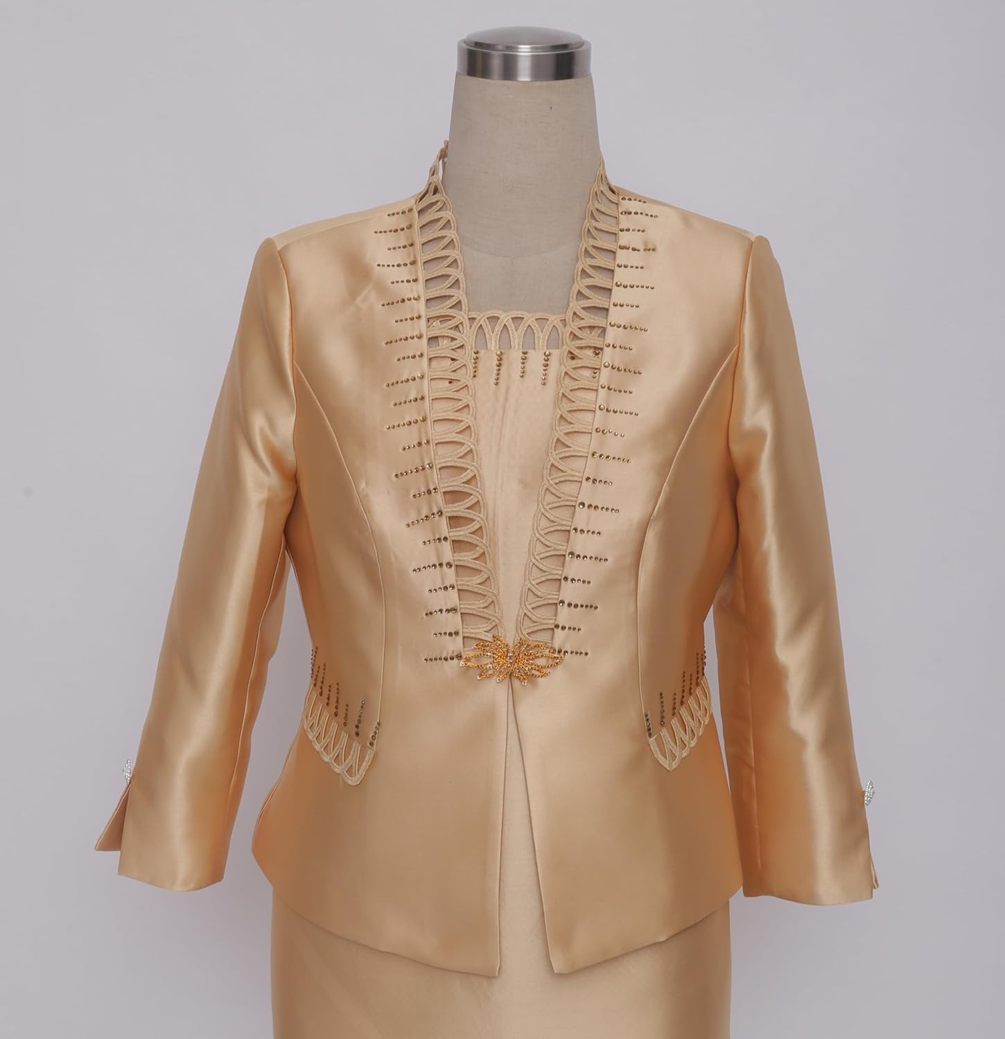 Women's Church Suit Dress Elegant 2 Piece Formal Dress Suit Satin Blazer Set with Rhinestone Cutout Detail Long Sleeve