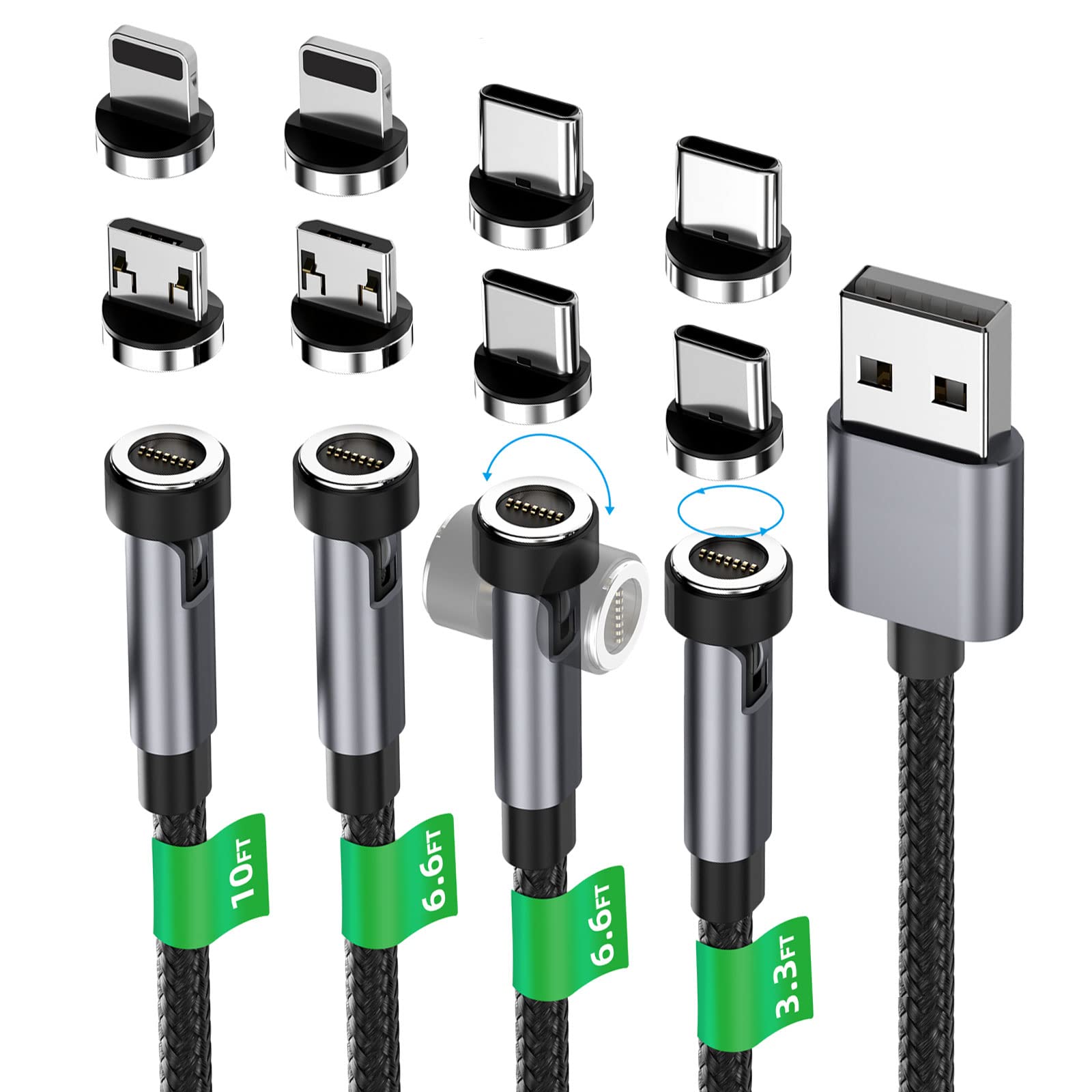 Kuulaa Câble Magnétique 3 En 1 [1M+1M+2M], Rotatif 360° Et 180°, Charge Rapide 3A Et Transfert De Données Pour Micro USB/Type C/iProducts
