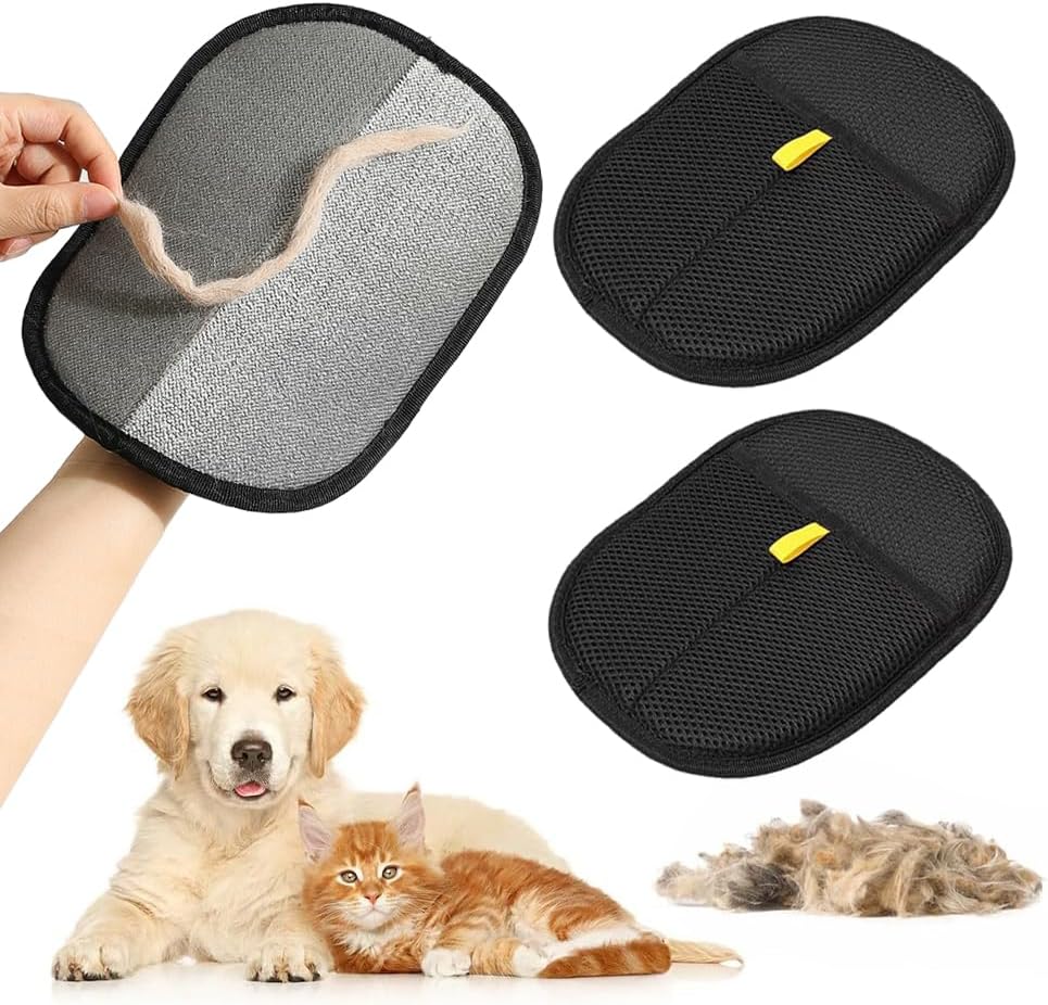 ningzhi 2 Pack Pet Hair Removal Gloves,Double Sided Pet Dog Cat Grooming Glove, Static Removal Gloves,Reusable Deshedding Pet Glove for Furniture,Sofa,Bed,Carpet,Clothes,Pet bed