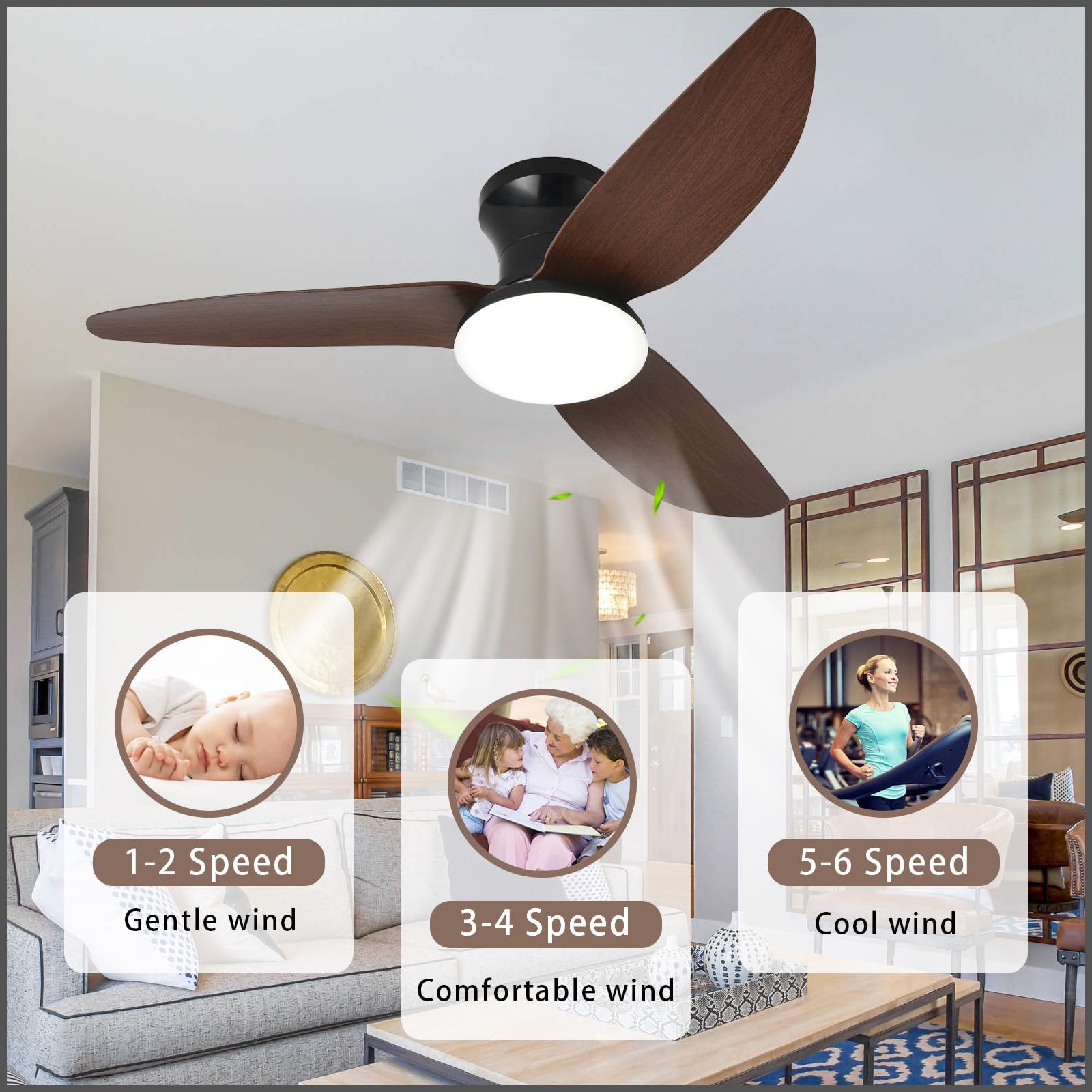 Groß Deckenlampe mit Ventilator Wohnzimmer Dimmbar Fernbedienung LED Deckenleuchte mit Ventilator Reversibel Leise DC Lampe Mit Deckenventilator Smart Modern für Schlafzimmer, Salon-Black