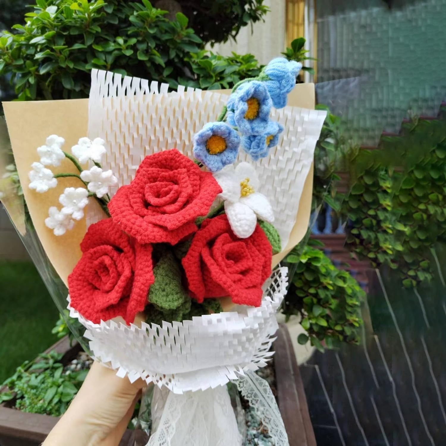 Crochet Flowers Crochet Bouquet Handmade Crochet Rose Bell Orchid Suitable Tulip Fern Leaf as a Gift for Lover, Family,Friends. Artificial Flower Finished Bouquet(red) - Image 6