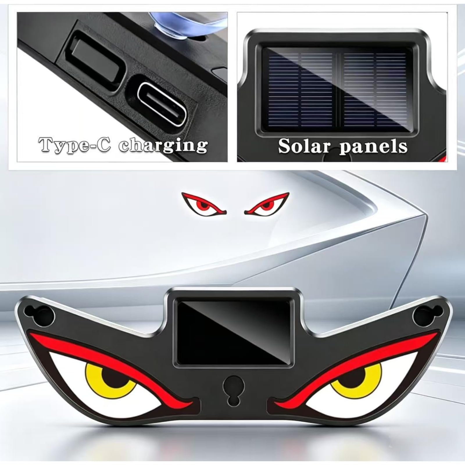 2PCS Solar Demon Eye LED Car Window Light,Lumières dynamiques de Voiture de 5 Modes,USB Solaire Double Puissance,Éclairage ambiant à Induction de Vibration,pour fenêtre de Voiture (D)