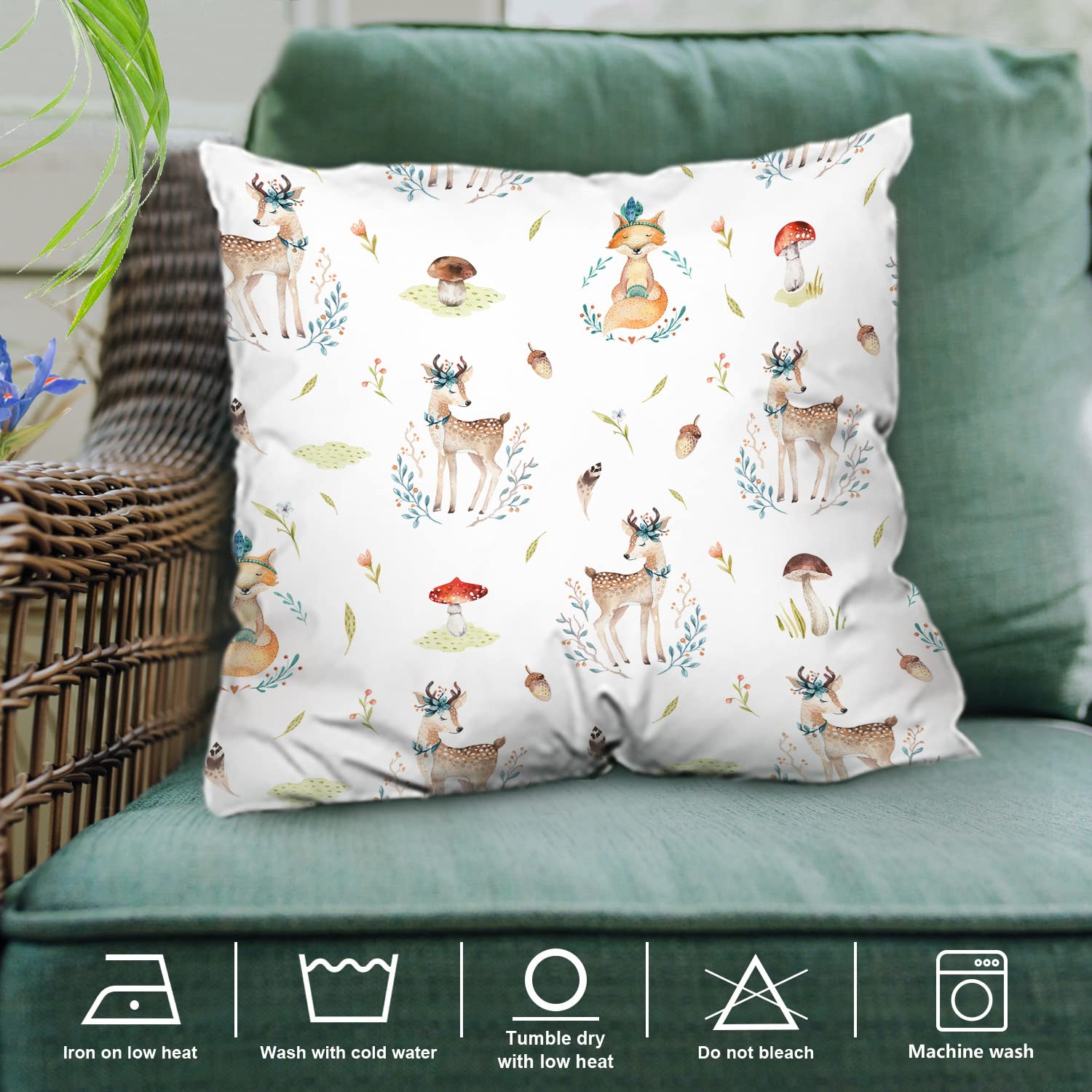 Shrahala Cute Baby Deer Decorative Throw Pillow Cover, Animal Woodland Watercolor Kid Nursery Square Pillowcase Blended Double-Sided No Inserts for Bedroom Living Room Set of 2 (22 x 22 in)