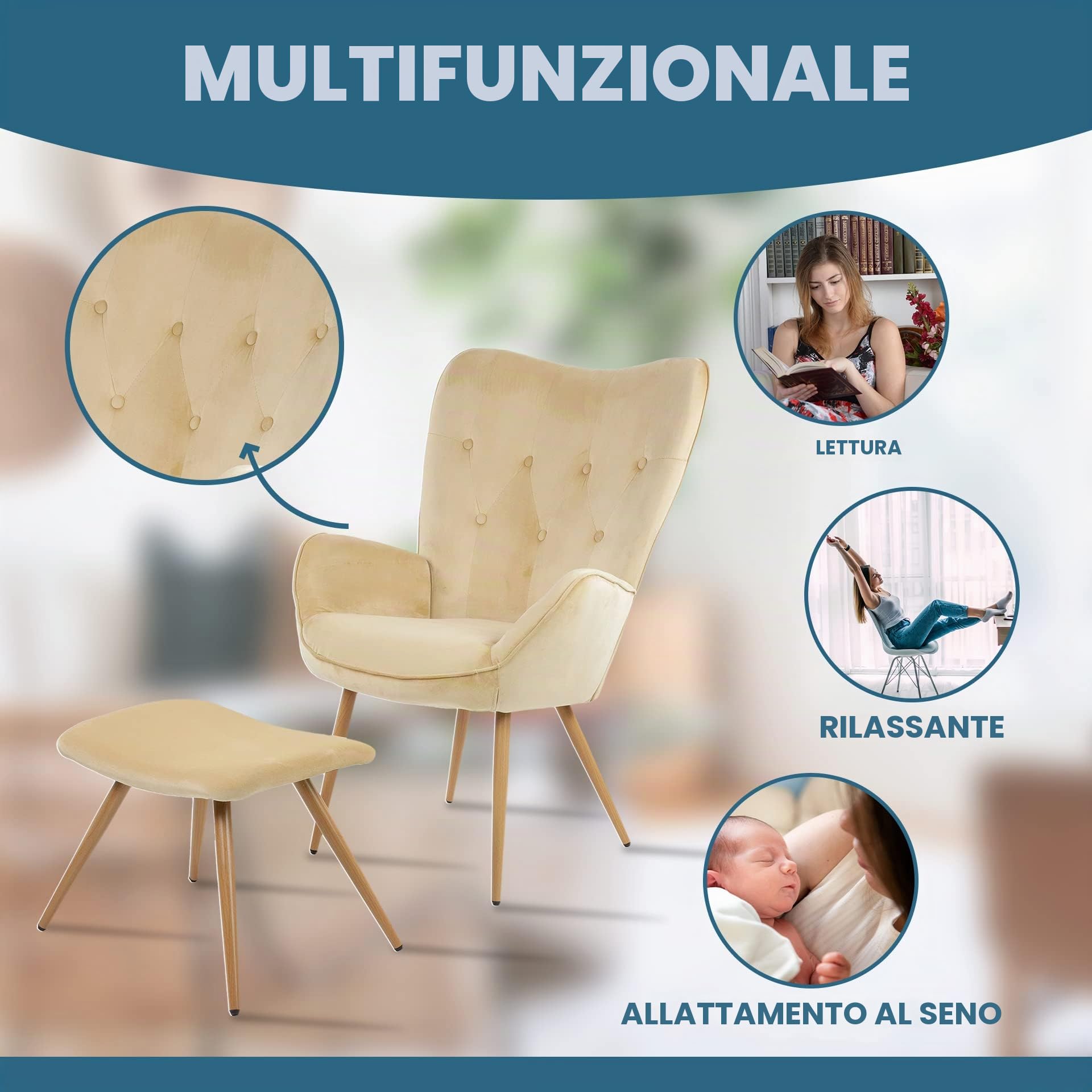 Albatros sedia ad ala con sgabello YORK, beige, rivestimento in velluto, comoda imbottitura, poltrona TV, poltrona imbottita
