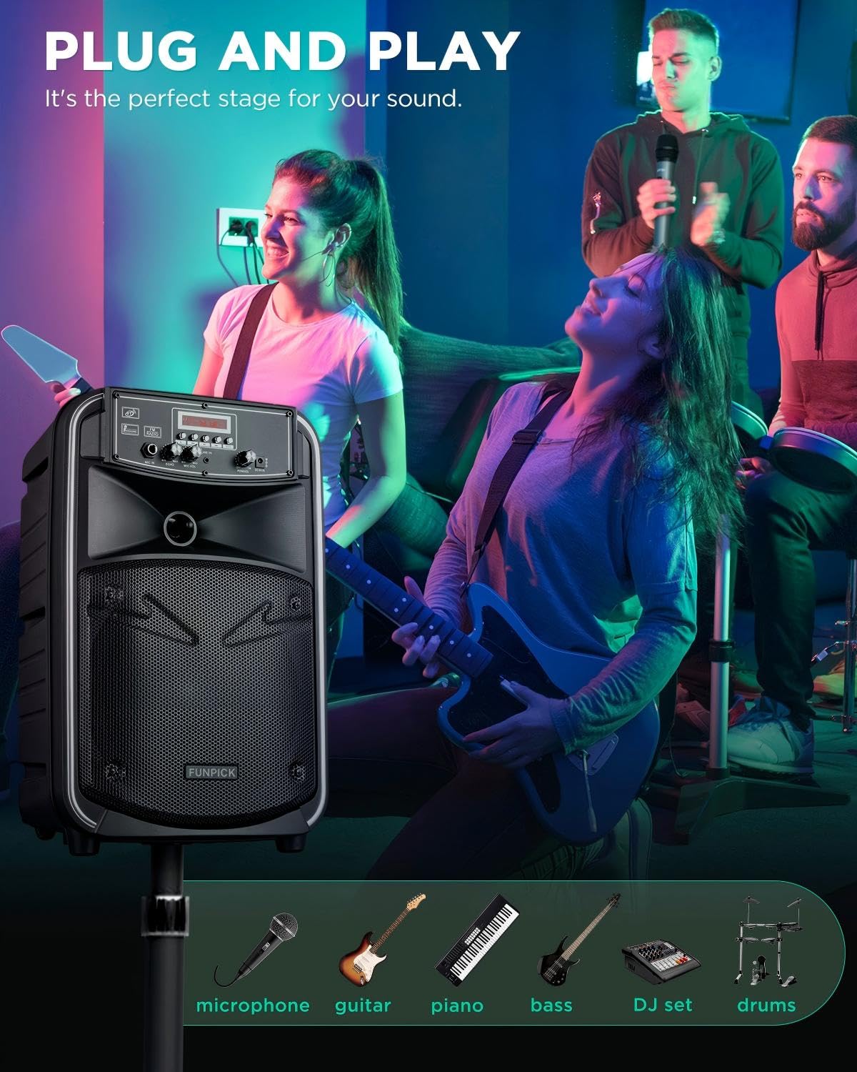 8 Zoll Tragbare PA Anlage Karaoke Maschine mit 2 Funkmikrofonen, Bluetooth Lautsprecher Musikbox, LINE IN, FM Radio – Mobile Partybox für Erwachsene & Kinder