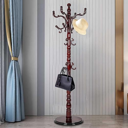 Perchero independiente, perchero de madera con 14 ganchos, base de disco estable, base de disco estable, para dormitorio, oficina, pasillo, entrada
