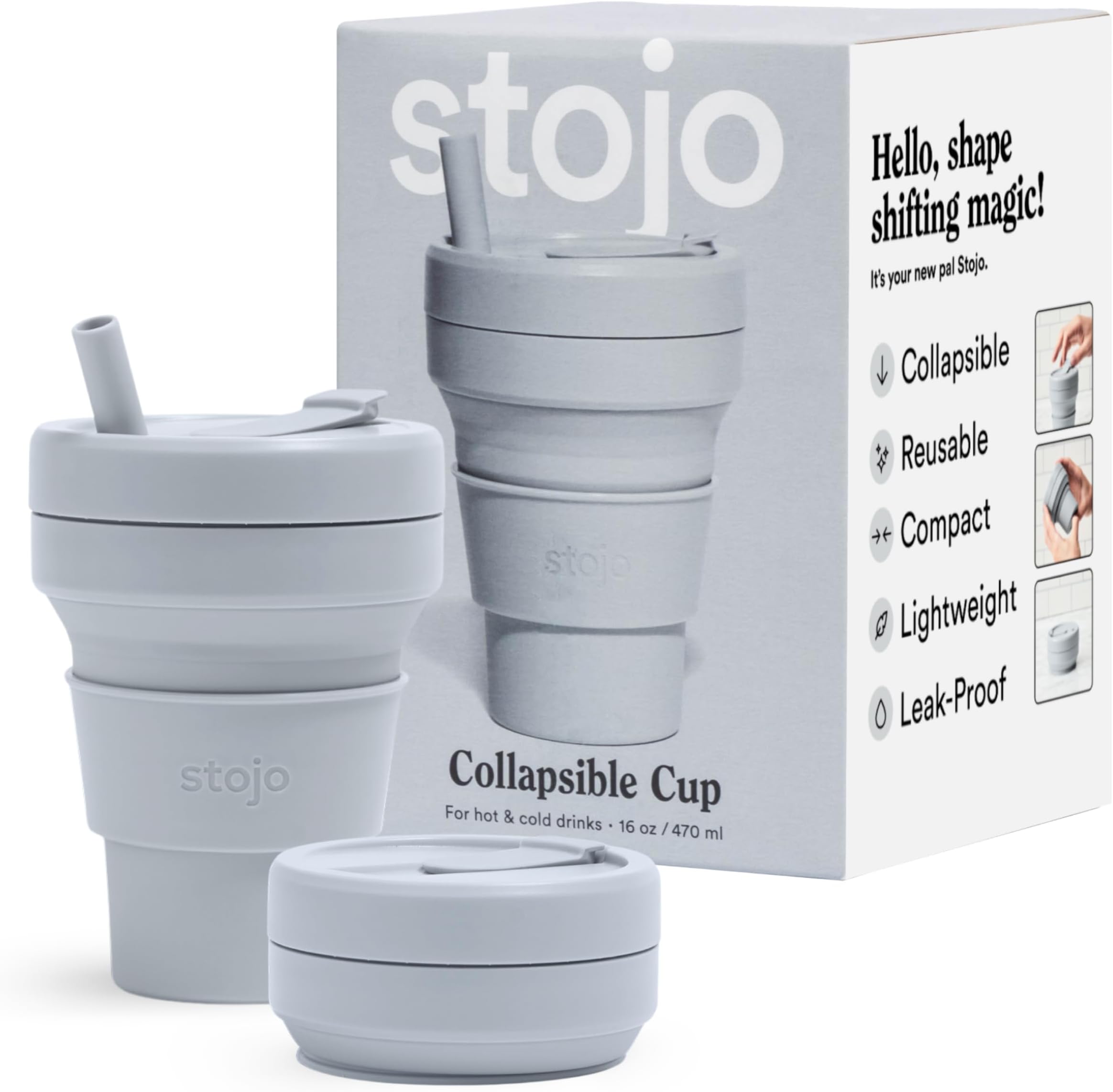 STOJO Collapsible Travel Cup with Straw – Cashmere Gray, 16oz / 470ml - Reusable to-Go Pocket Size Silicone Bottle for Hot and Cold Drinks - Perfect for Camping & Hiking - Microwave & Dishwasher Safe