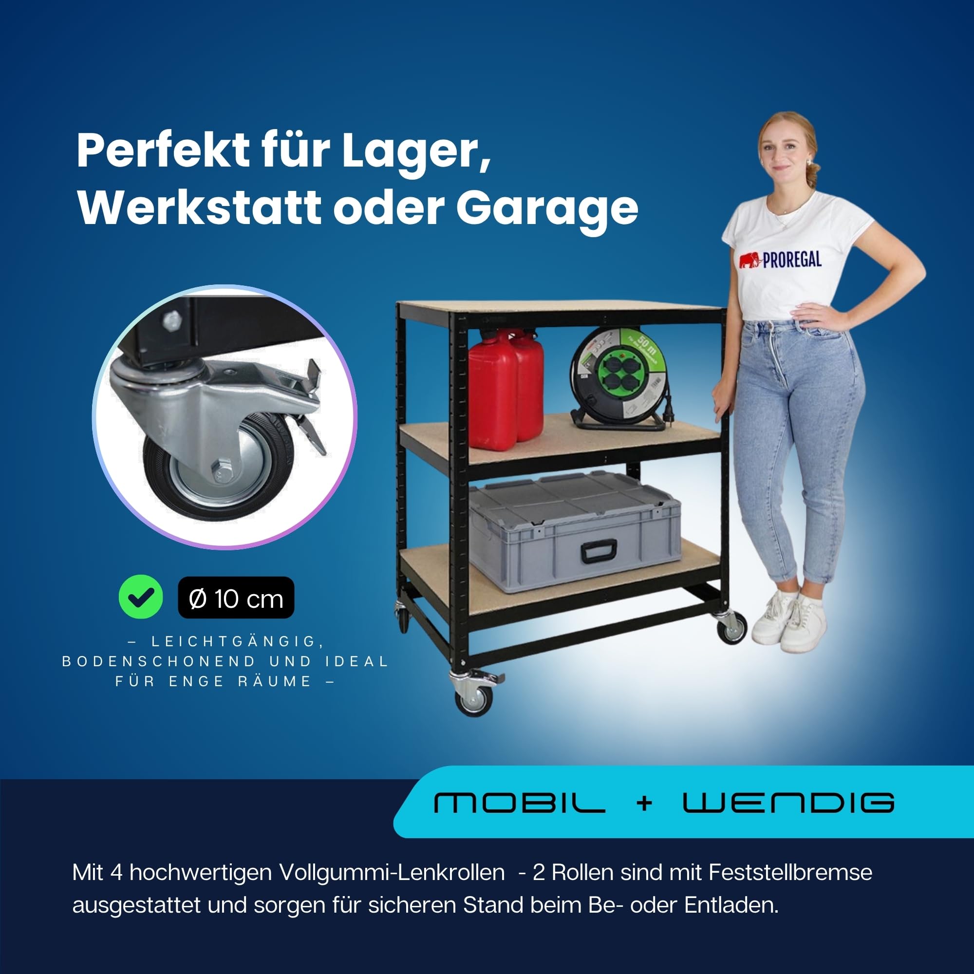 PROREGAL Kommissionierwagen BÜFFEL Fahrbares Kommissionierregal, 100x90x50cm, 3 Ebenen, Fachlast 50kg, 4 Lenkrollen, Davon 2 mit Feststellbremse, Schwarz, Regal auf Rollen, Regalwagen