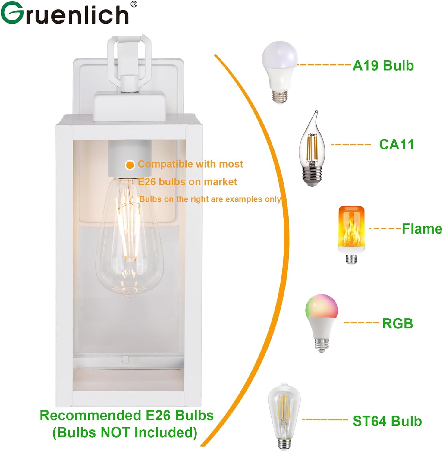 GRUENLICH Outdoor Wall Lantern, Wall Sconce for Porch Lighting Fixture, E26 Base Max 60W, Metal Housing Plus Glass, White Finish, Bulb Not Included, 1-Pack