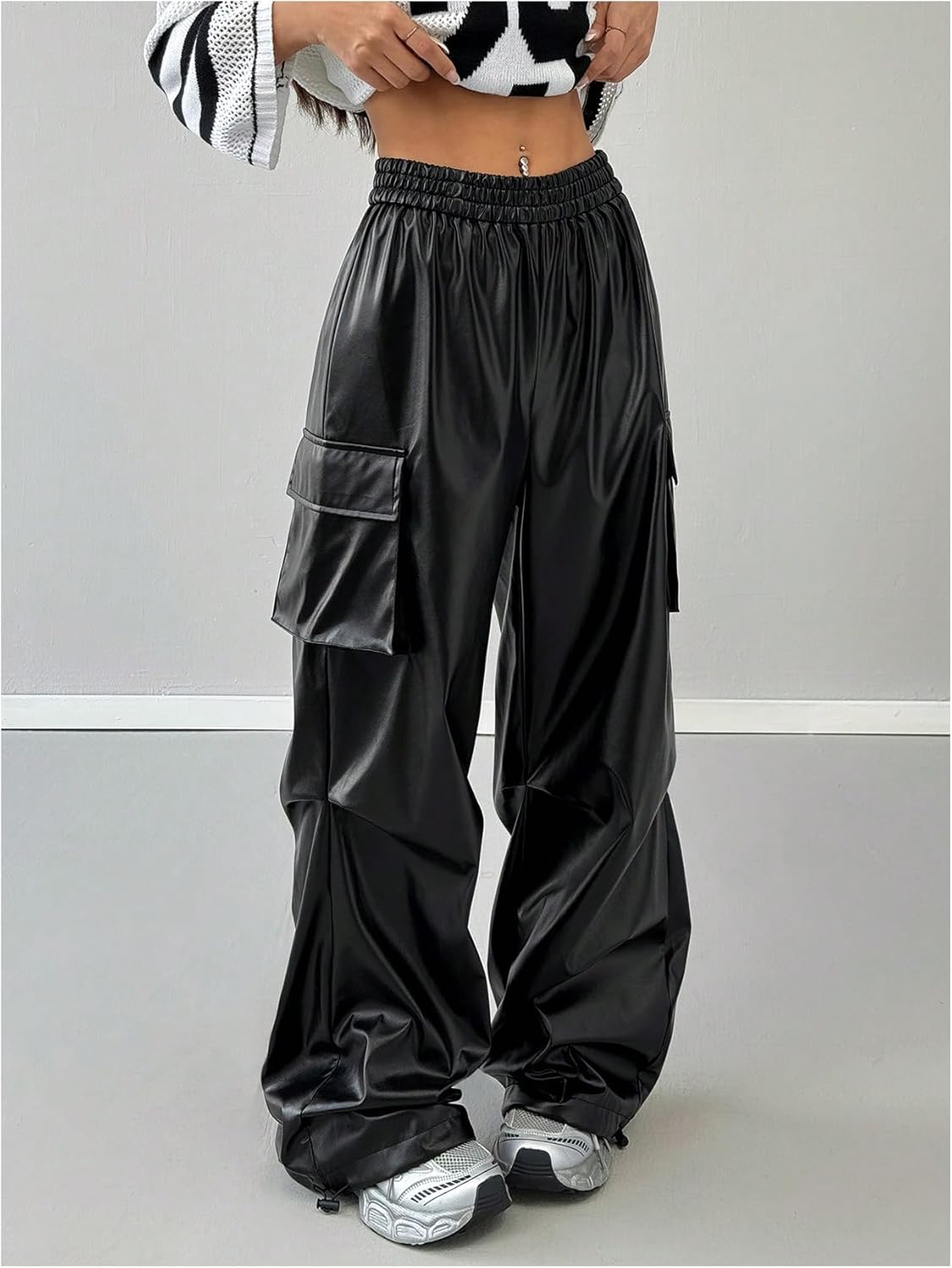 GORGLITTER Women's PU Leather Pants Baggy Cargo Y2k Elastic High Waisted Wide Leg Track Pants Trousers Streetwear - Image 2
