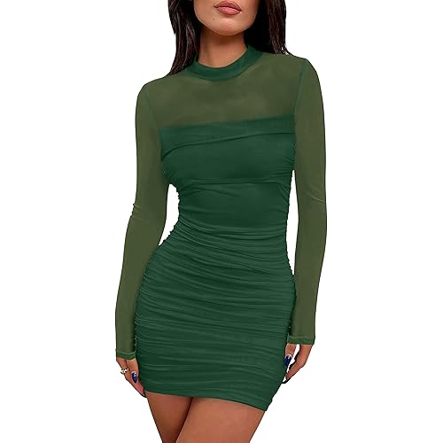 WIHOLL Women's Mesh Sheer Long Sleeve Ruched Mini Dress Sexy Bodycon Mock Neck Cocktail Party Club Dresses 2025