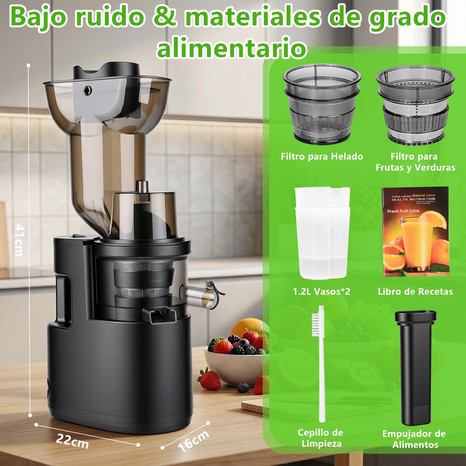 500W Extractor de Zumos y Verduras Juicer Machine,Slow Juicer con Entrada 98 mm,98% de rendimiento de zumo,Fácil Montaje y Limpieza,Sin BPA