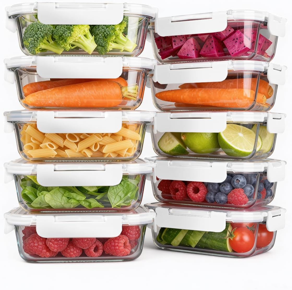 KAMOTA Glass Food Storage Containers, 10 Pack Glass Meal Prep Containers, Airtight Containers with Snap-Lock Lids, 22 oz White Container Set with Lids, for Microwave/Oven/Freezer/Dishwasher