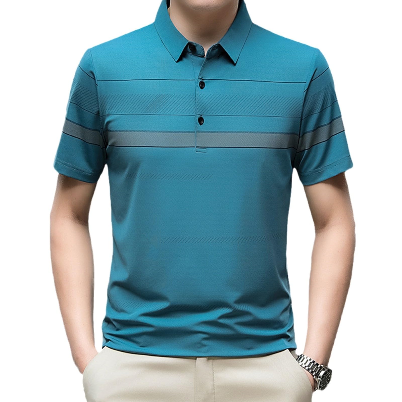 Moda Casual - Polo da Uomo Azzurra A Maniche Corte A Righe Estiva Polo per Uomo Abbigliamento Ampio T-Shirt Traspirante per Golf Tennis Lavoro