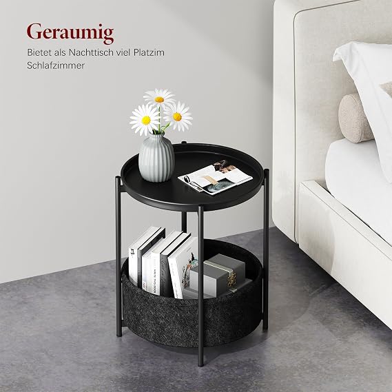 Round Side Table Sofa Table 2 Levels Metal Balcony Table Small Table Coffee Table with Fabric Basket Living Room Table Side Tables Bedside Table for Bedroom Living Room (Black)