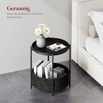 Round Side Table Sofa Table 2 Levels Metal Balcony Table Small Table Coffee Table with Fabric Basket Living Room Table Side Tables Bedside Table for Bedroom Living Room (Black)