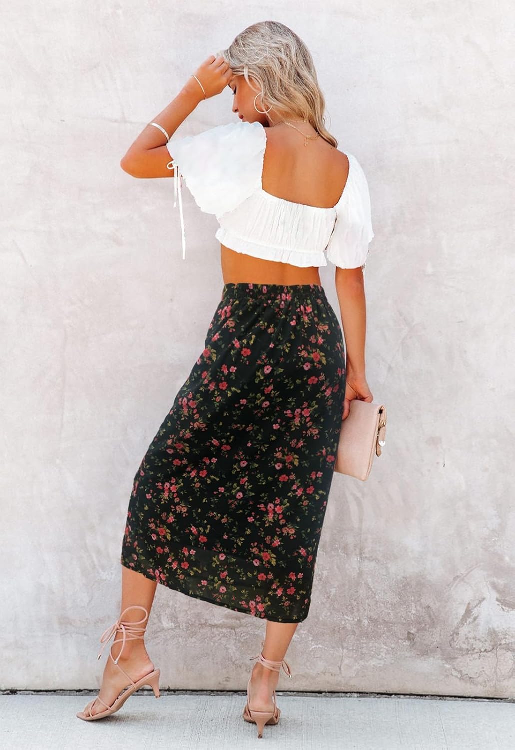 Women’s Floral Print Midi Skirt Casual High Elastic Waist Zipper Vintage Long Boho Skirts for Women - Image 3