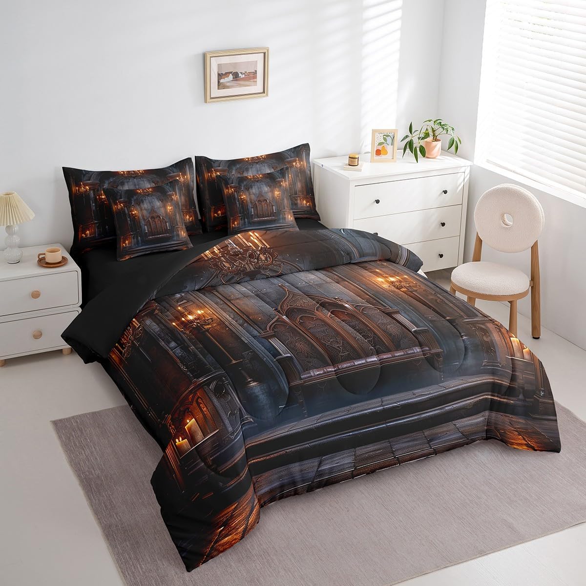 Erosebridal Medieval 7 Pcs Comforter Set Queen, Castle Bedding for Kids, Metal Mysterious European Sheet Set Bed in A Bag Ancient Building Geometric Wooden Duvet Insert