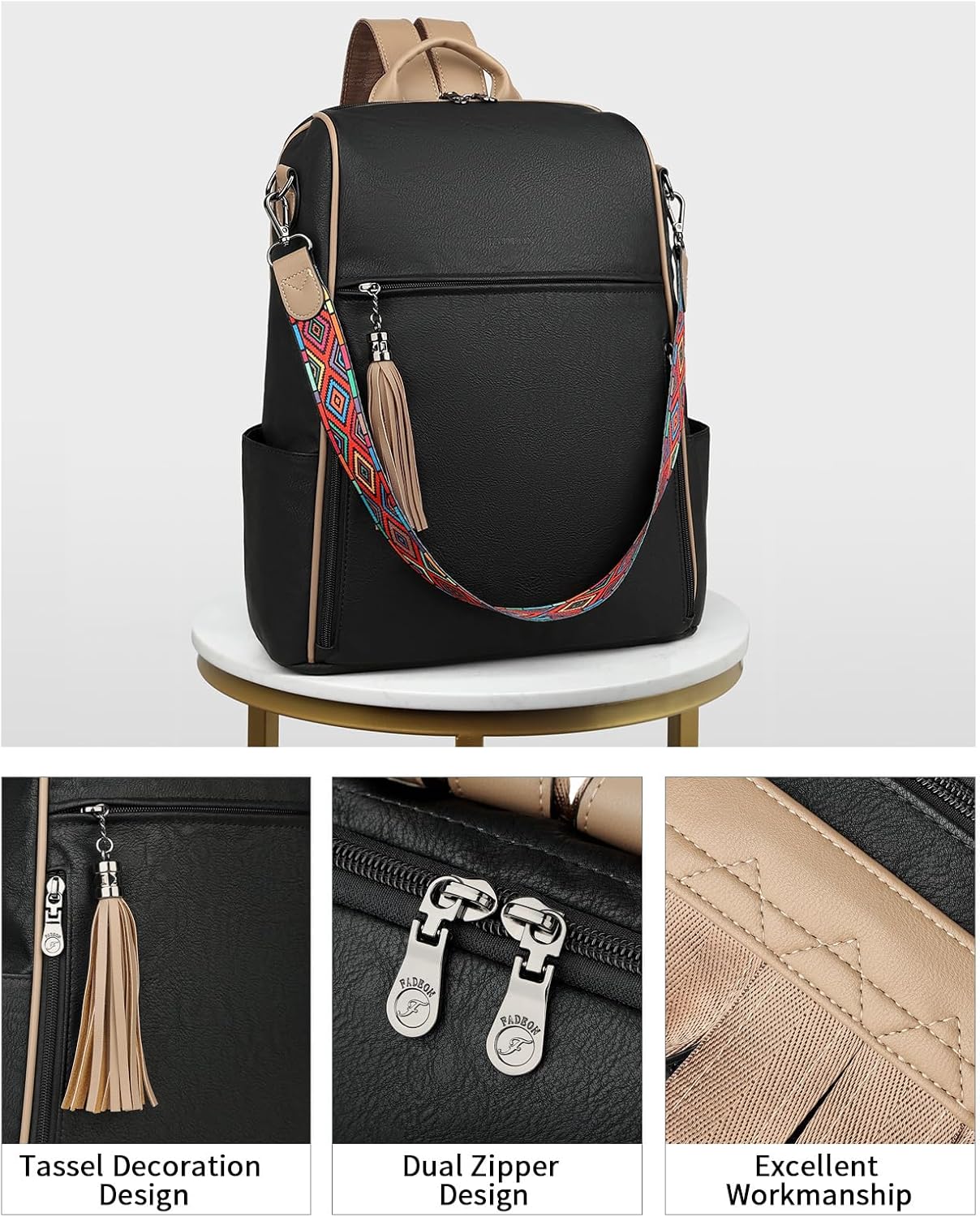 FADEON Leather Laptop Backpack for Women Designer 15.6 inch PU Laptop Bag, Ladies Travel Computer Work Backpack Black - Image 4