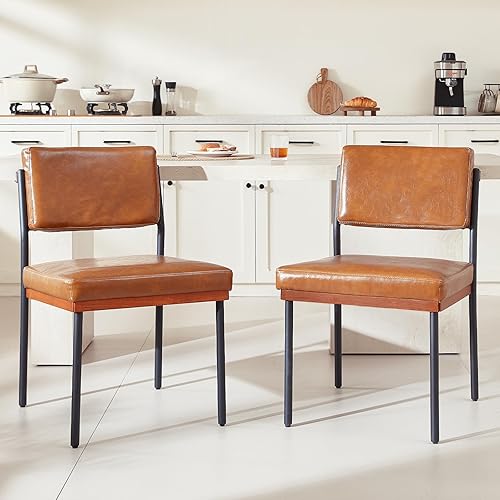 Miniatura 3 de Juego de 2 sillas de comedor modernas marrones, sillas de cocina con cojines gruesos y almohadillas ajustables, sillas de comedor tapizadas de piel