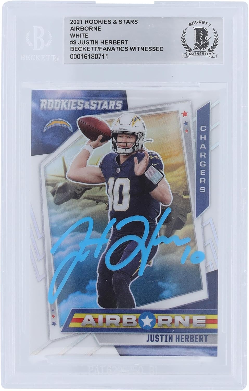 Justin Herbert Los Angeles Chargers Autographed 2021 Panini Rookies & Stars Airborne - #AB-8#73/149 Beckett Fanatics Witnessed Authenticated Card - NFL Autographed Football Cards