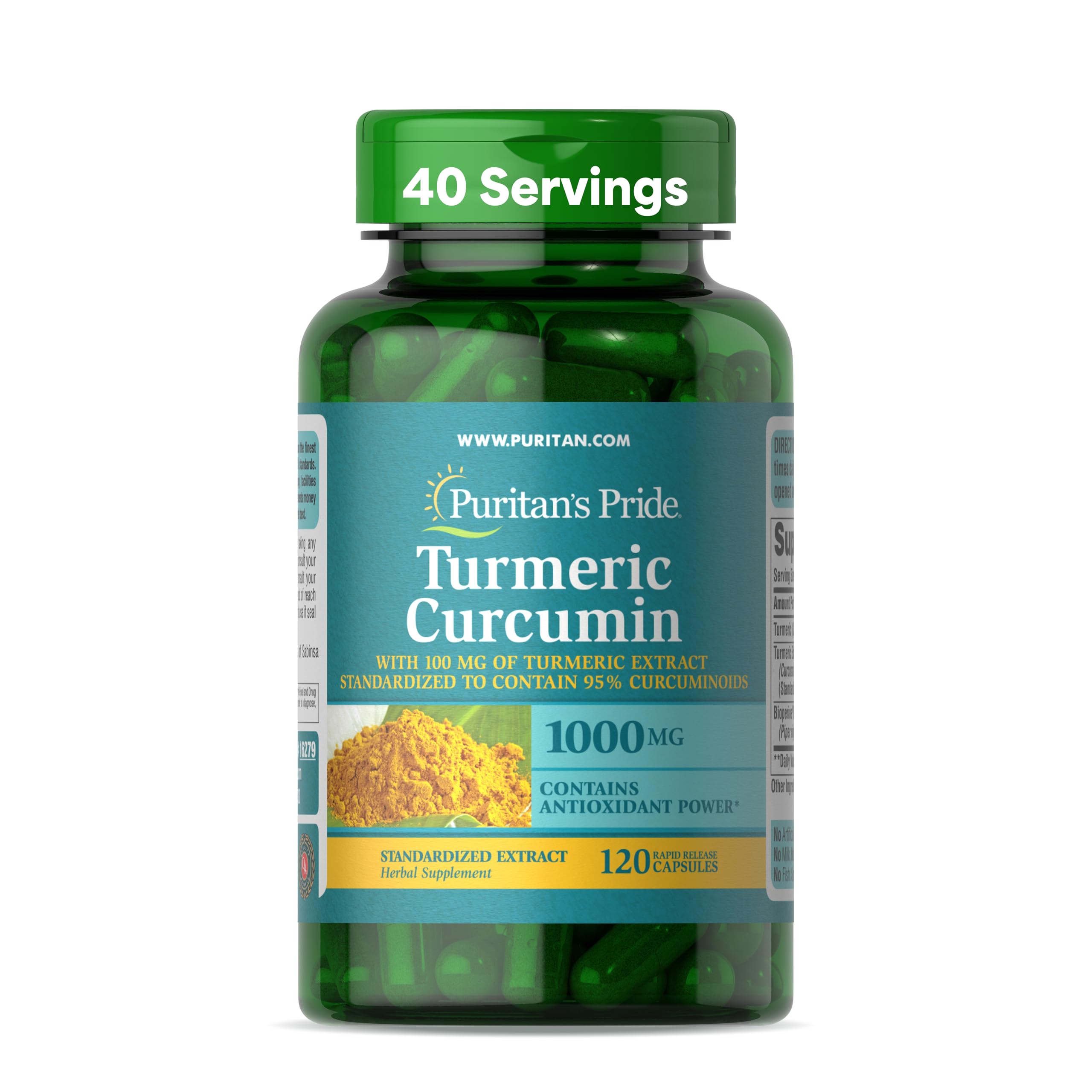 Puritan's Pride Turmeric Curcumin 1000mg, Standarized to 95% Cucuminoids, Herbal Dietary Supplement for Antioxidant Health, 120 Rapid Release Capsules