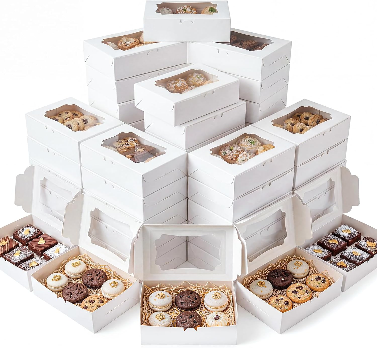 Eaasty 100 Pcs Bakery Boxes 12 x 8 x 2.5 Inch Rectangle Cookies Boxes with Windows for Pastry Baking, Cupcakes, Donuts, Dessert, Chocolate, Mini Pie Treat Packaging