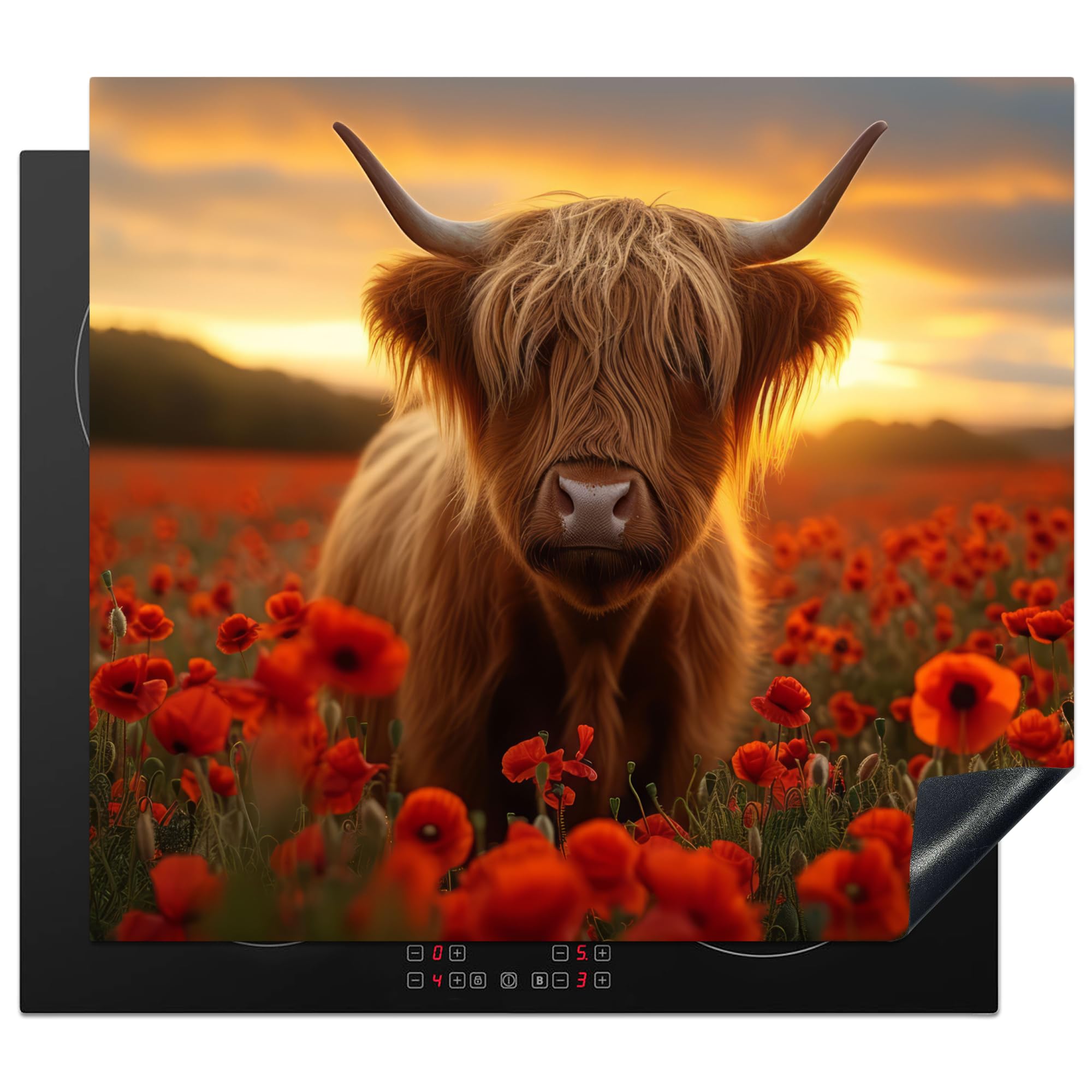 KitchenYeah© Induction Hob Protector Mat 20.5"x23.6" / 60x52 cm Cooker Top Protectors Cover Ceramic Covers Electric Hobs Vinyl Highlander - Roses - Field of Flowers - Sunset — image 1