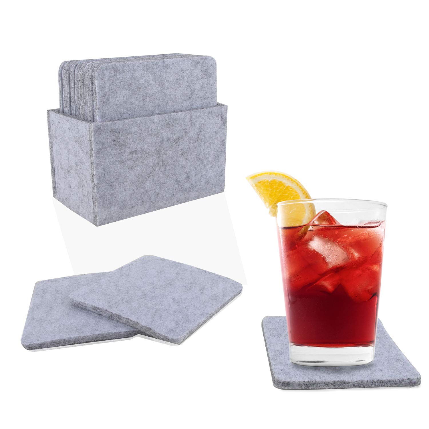 Dessous de Verre en Feutre, Dessous de Verre, Sous-Verre Carré en Feutre 12 Pièces Avec Boîte de Rangement, Sous-Verre Résistant à la Chaleur, Antidérapant, Lavable et Absorbant pour Protéger la Tasse