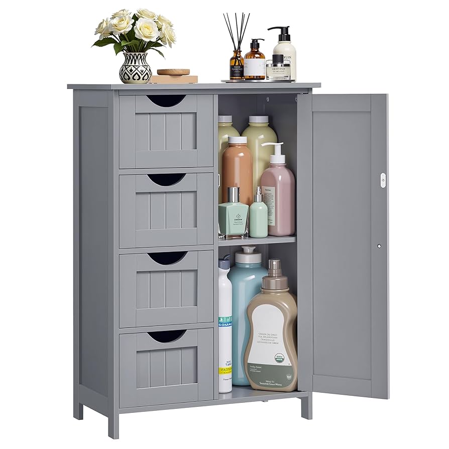 VASAGLE Bathroom Floor Storage Cabinet, Bathroom Storage Unit With 3 Drawers, Bathroom Cabinet Freestanding, With 1 Door, Adjustable Shelf, 30 X 60 X 81 Cm, Cloud White BBC49WT