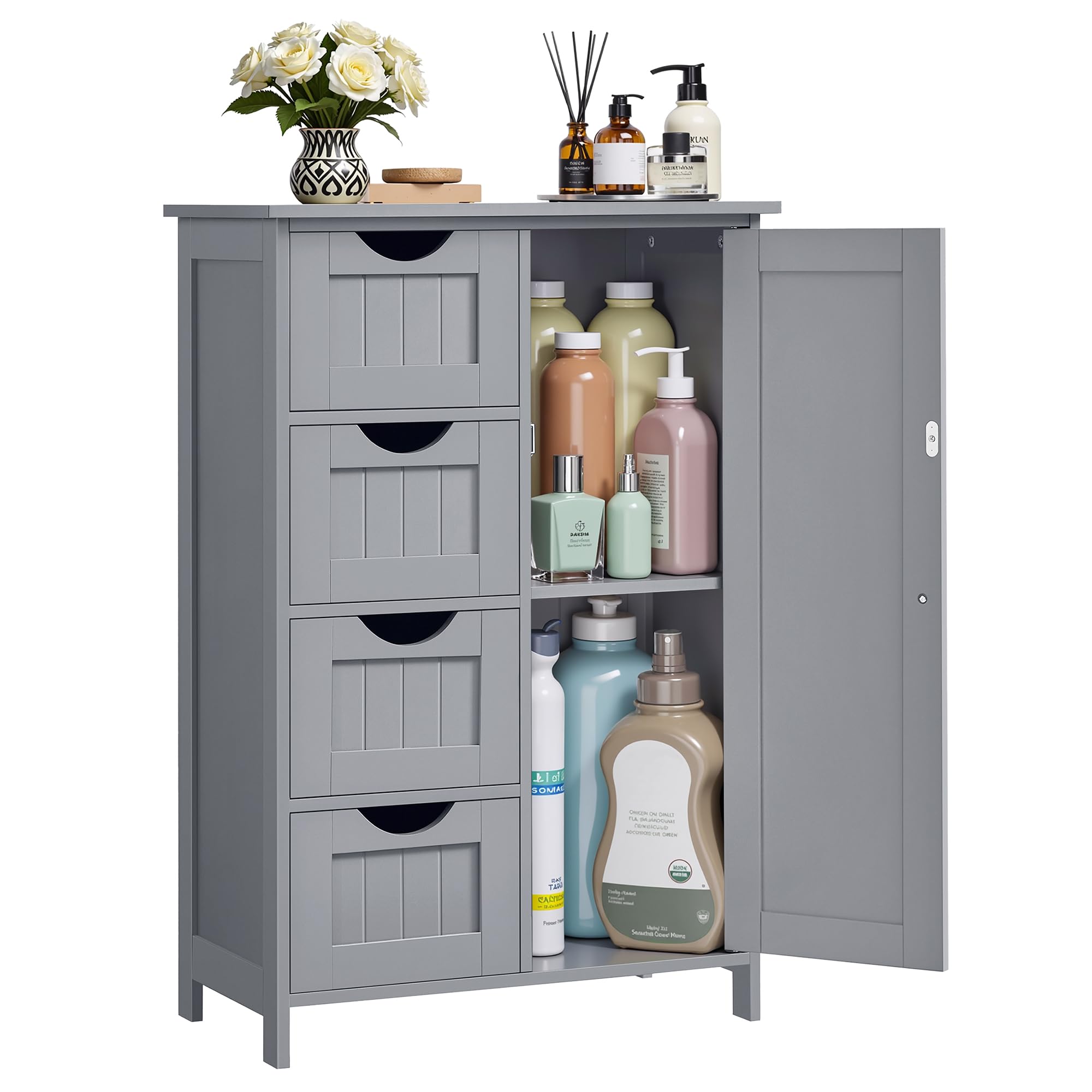 VASAGLE Mobile da Bagno, Mobiletto per Bagno Stretto, Organizzatore, Cassettiera, con 4 Cassetti, Anta, Ripiano Regolabile, 30 x 55 x 82 cm, Grigio Tortora LHC041P36