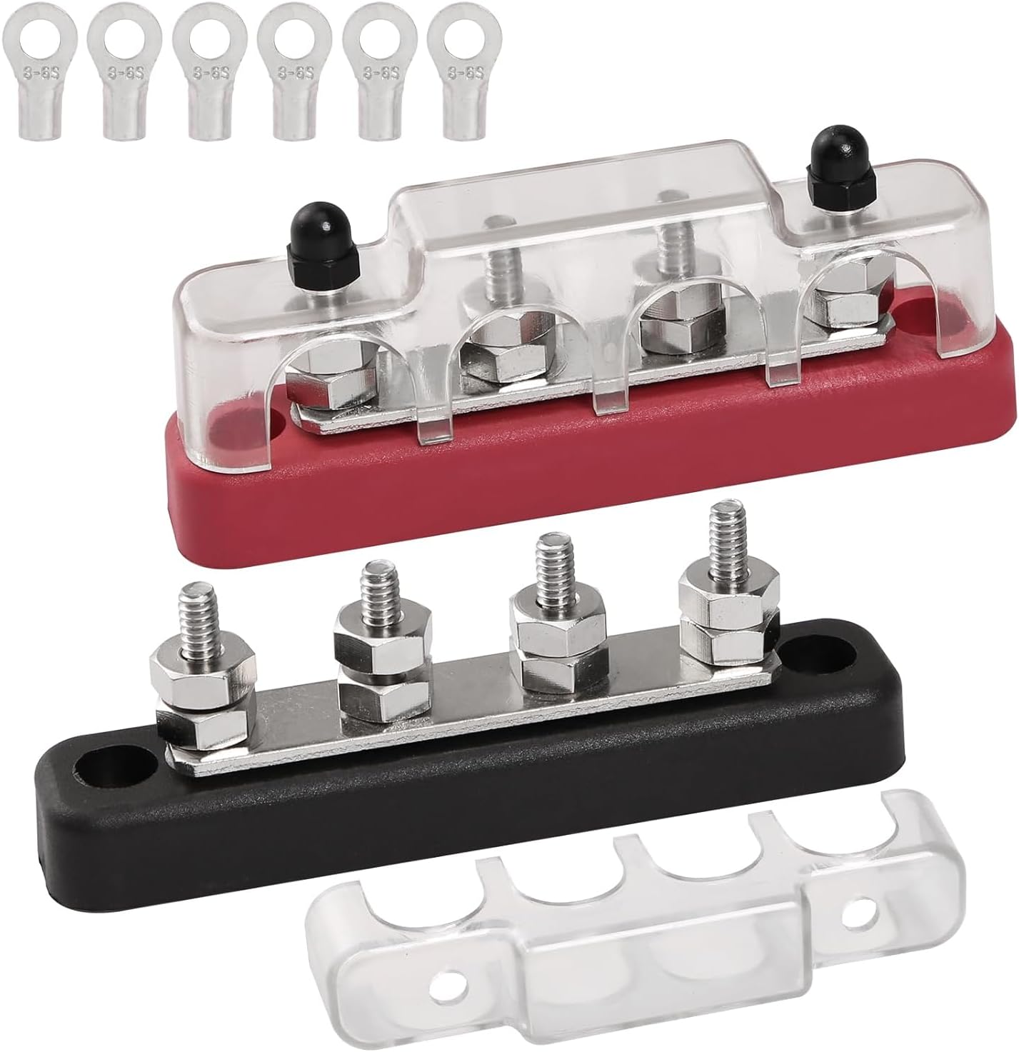 12V - 48V DC 100 Amp Power Distribution Block Bus Bar Terminal Block, 4 x 3/16" post terminals With Cover for Cars RVs Ships Yachts(Pair, Red & Black)