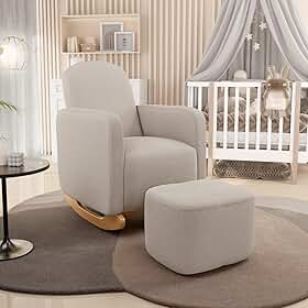 Poltrona de Amamentação com Balanço e Puff Orgânico Saori W01 Bouclê Creme - Lyam Decor