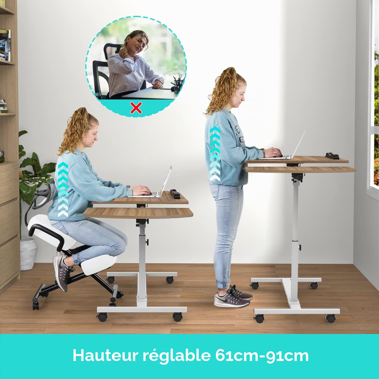 PIPIPOXER 60x40cm Table Roulante pour Lit Canapé avec Bandes Antidérapantes, Bureau Mobile Réglable en Hauteur 61-95cm, Bureau Informatique 4 Roulante Verrouillable, Table Roulante pour Chambre,Bois