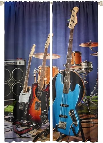 Miniatura 25 de Cortinas de música retro, notas musicales abstractas en blanco y negro, con bolsillo para barra, cortinas opacas para ventana para sala de estar,