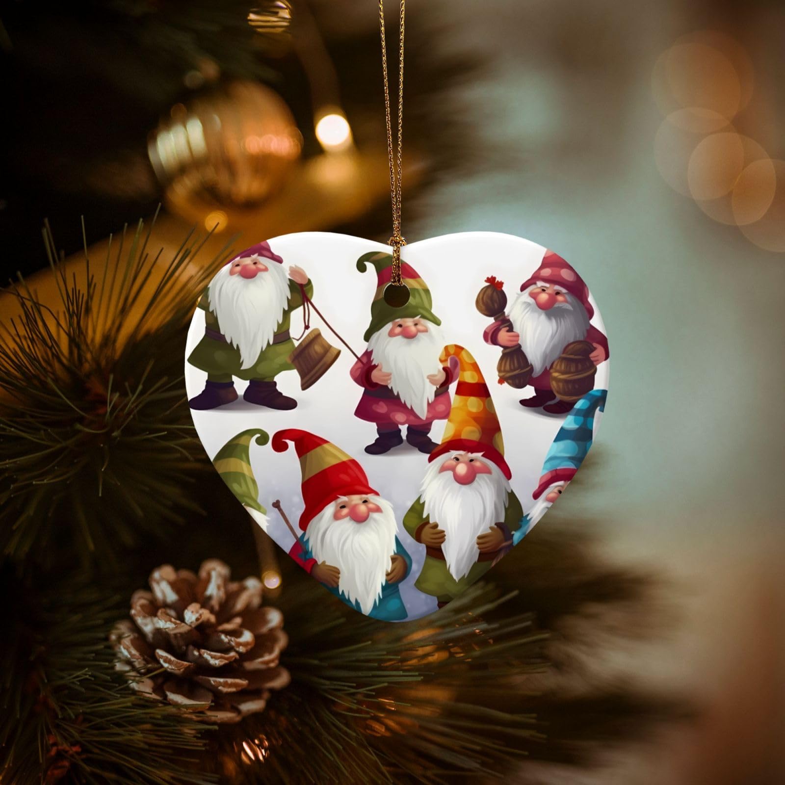 Christmas Ornaments for Christmas Tree Decoration Hanging Xmas Funny Gnomes Ornament with Gold Ribbon Crafts Heart Shape Ceramic Pendant for Keepsake Gifts Xmas Decor Party Supplies