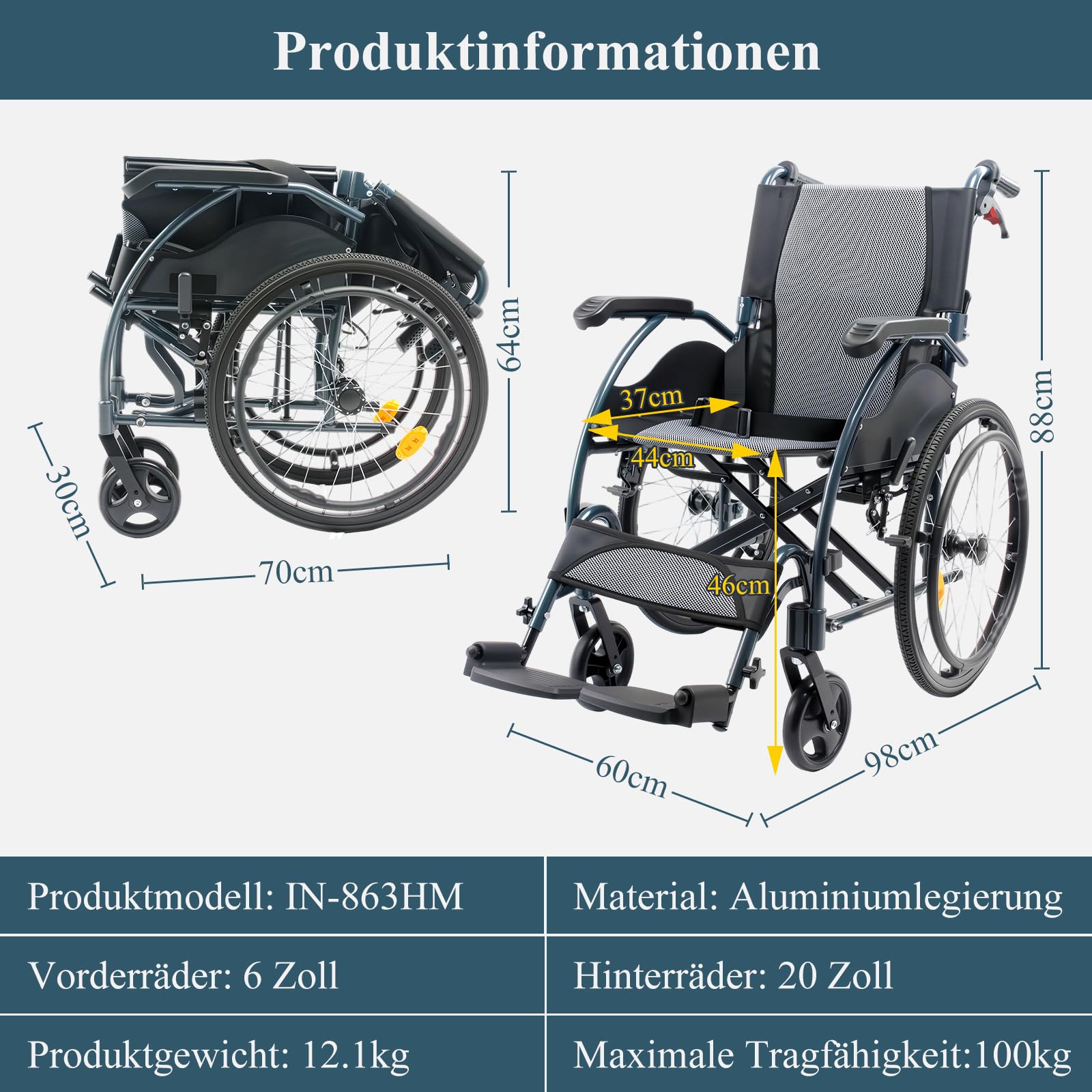Rollstuhl Faltbar Leicht mit Selbstantrieb 12KG（IN-863HM）