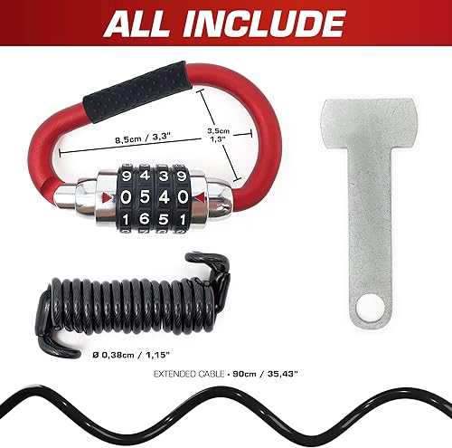 Miniatura 7 de RADIKAL RK540R Cerradura de casco de motocicleta, cerradura de código de combinación, adaptador de hebilla T, cable de seguridad, mosquetón